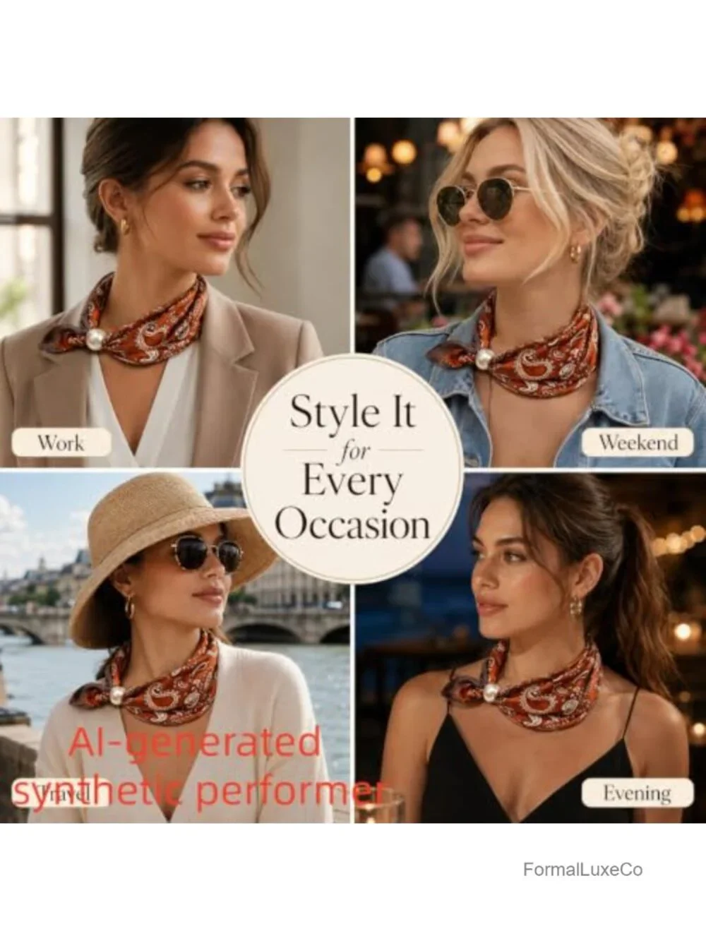 Women's Silk Pearl Magnetic Buckle Scarf Satin Square Neck Scarf with Charm
